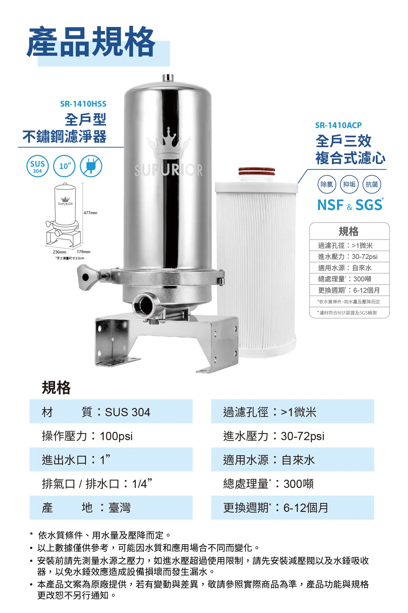 卓越的全屋水過濾系統 SR-1410HSS 和 SR-1410ACP 型號可去除氯和水垢。