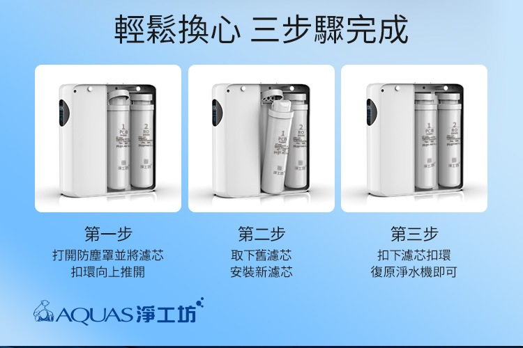 AQUAS A16-600G RO 淨水器三步驟安裝指南。輕鬆更換濾芯。