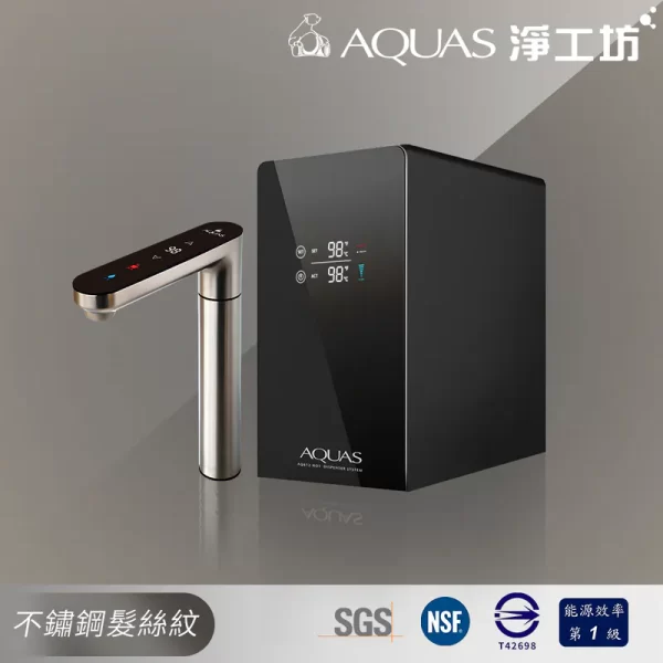AQ812淨工坊雙溫飲水機：不鏽鋼水龍頭和黑色控制單元，數位溫度顯示。 高效節能。
