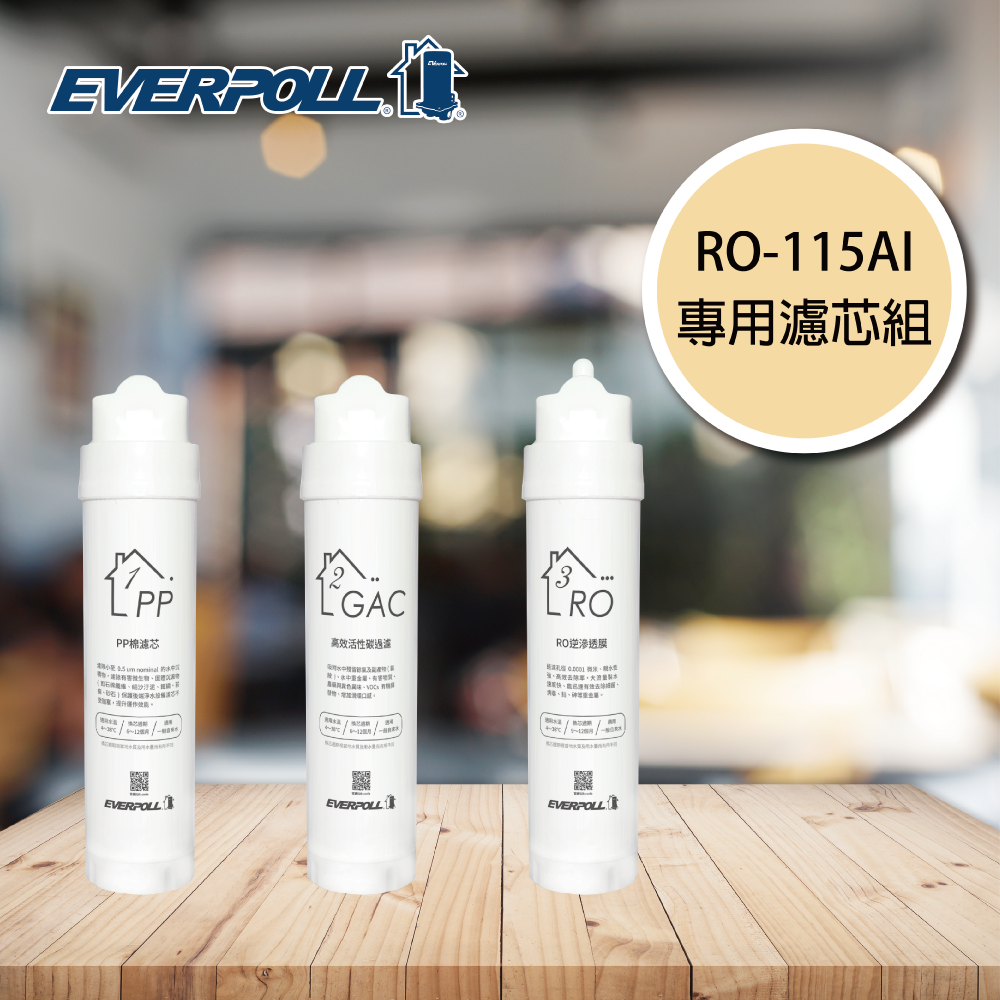 Everpoll RO-115AI 3 過濾器組：PP、GAC、RO 膜。