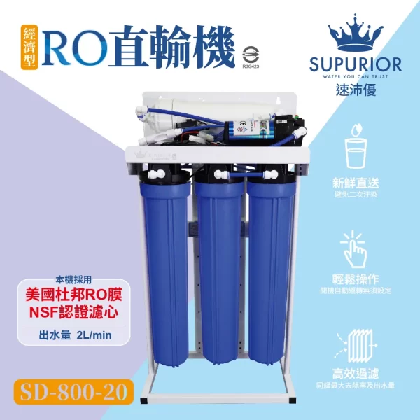 速沛優20吋經濟型RO直輸機：高品質水過濾系統，附三個藍色濾罐。