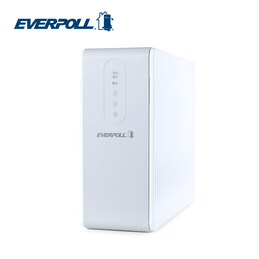 Everpoll RO 淨水器，時尚的白色設計。控制面板清晰易懂。
